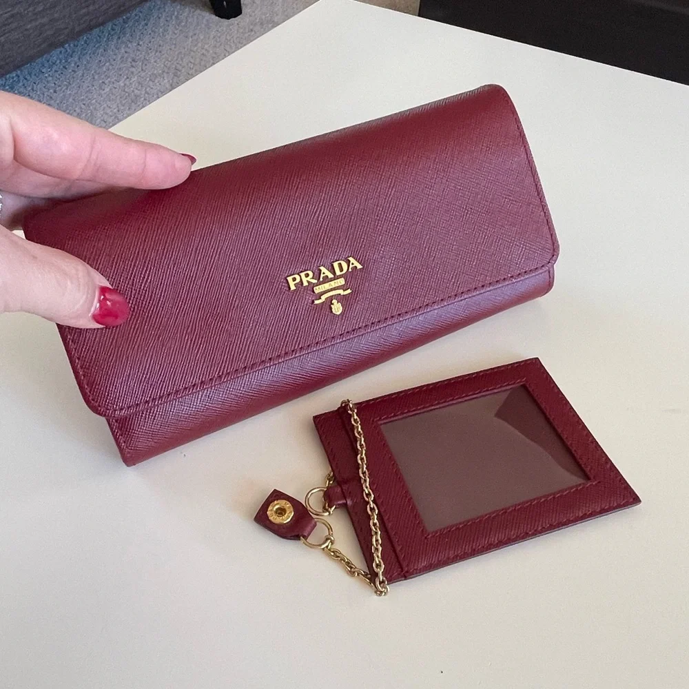 Prada Large Saffiano Leather Wallet Burgundy Like New Authentic